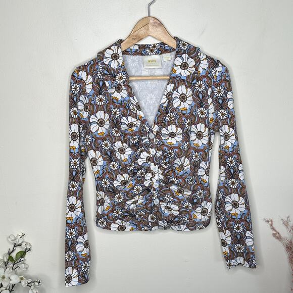 ANTHROPOLOGIE x MAEVE Ruched Floral Button Up Top Sz M {2C54} - Picture 3 of 5